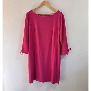 Talbots Dress 16 Pink Shift Scalloped Boat Neck 3/4 Sleeve Bows Preppy Chic